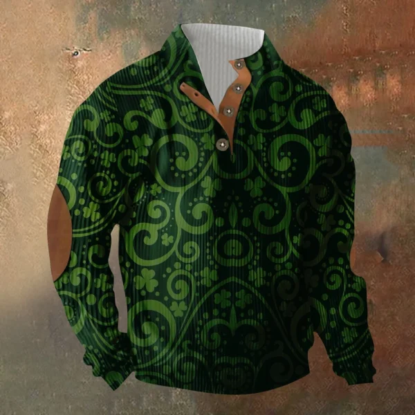 Knit Printed 3 Button - Corduroy Men's Standing Collar Pocket Sweatshirt - Image 34