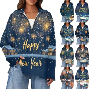 Women's Casual Half Zipper Lapel Christmas Printed Pullover Top Side Slit