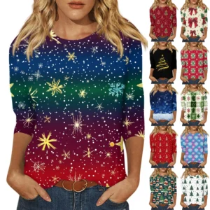 Ladies Loose Printed Casual T-Shirt Round Neck 3/4 Sleeve Christmas Women's Top