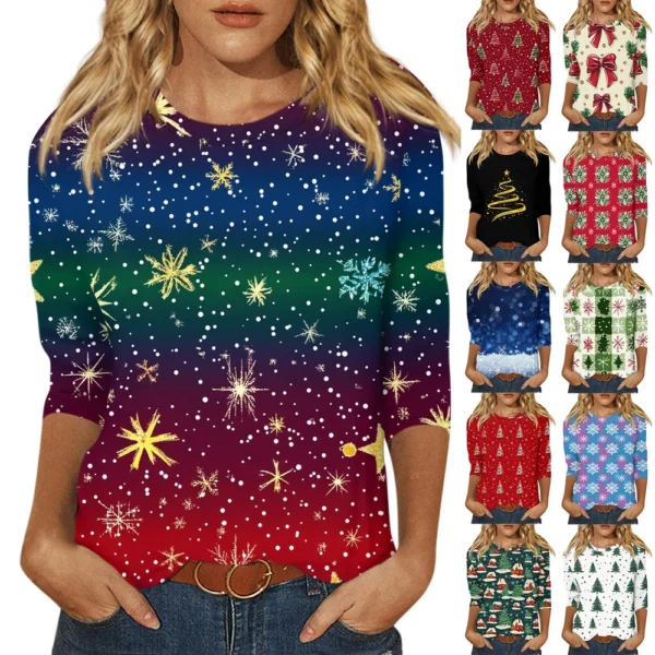 Ladies Loose Printed Casual T-Shirt Round Neck 3/4 Sleeve Christmas Women's Top