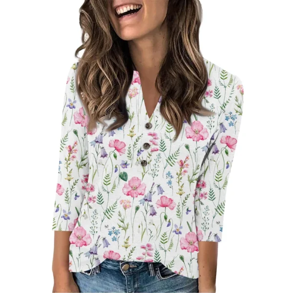 Women's Fashion Casual Loose 3/4 Sleeve Printed Round Neck Top - Image 43