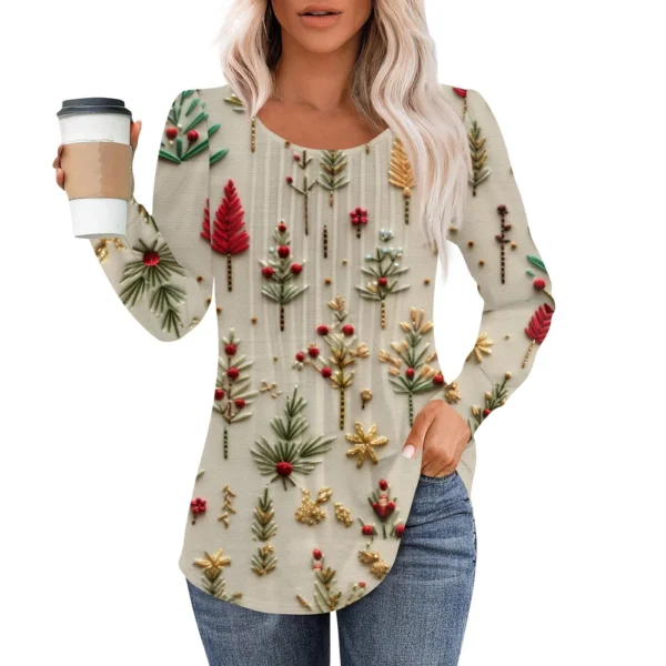 Women's Christmas Pleated Top Round Neck Casual Printed Long Sleeved T-Shirt - Image 14