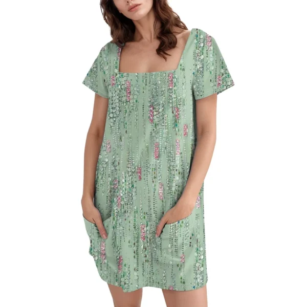 Women's Square Collar Short Sleeve Fashion Skirt Floral Print Pocket Casual - Image 6