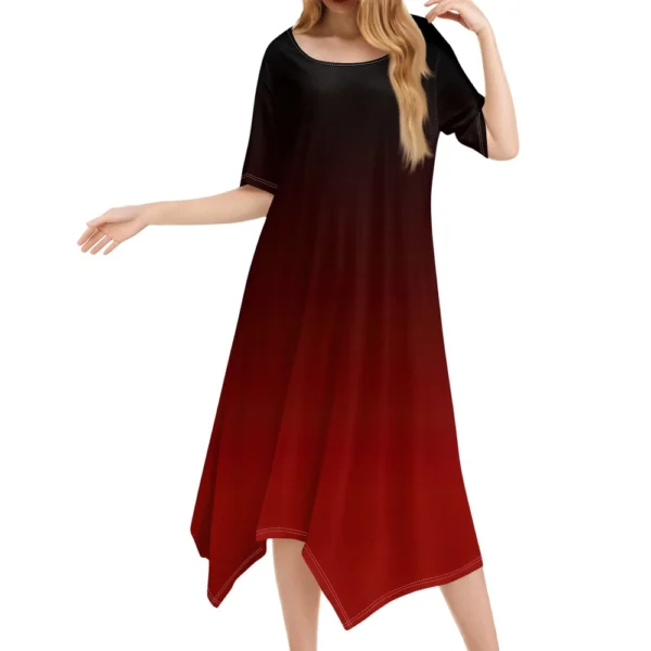 Women's Casual Fashion Round Neck Short Sleeve Print Irregular Hem Midi Dress - Image 2