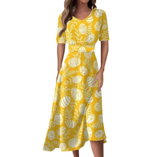 Ladies Casual Fashion Gradient Print V-Neck Short Sleeve Waist Long Swing Dress - Image 5