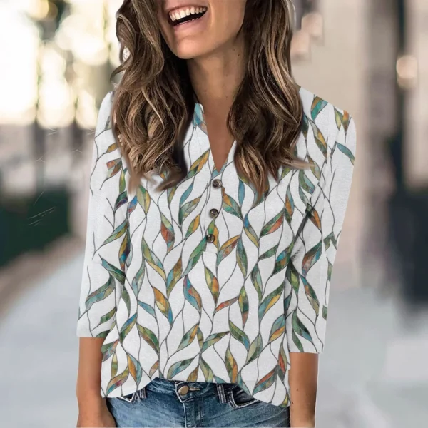Women's Fashion Casual Loose 3/4 Sleeve Printed Round Neck Top - Image 28