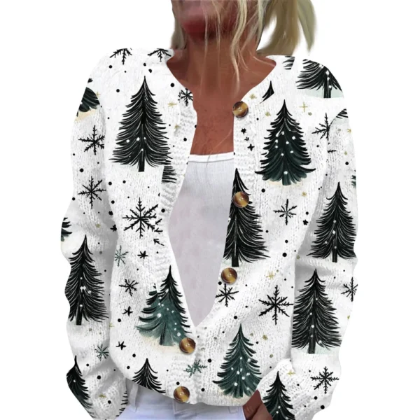 Women's Fashion Christmas Printed Long Sleeve Knitted Cardigan Button Down - Image 17