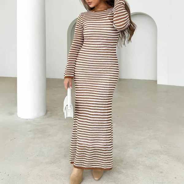 Women's Casual Striped Long Sleeved Sweater Dress, Mid Length Dress, Slim Fit - Image 19