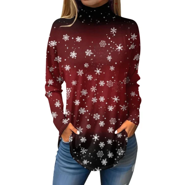 Women's Printed Pullover High Neck Fashion Long Sleeve Casual Christmas T-Shirt - Image 20