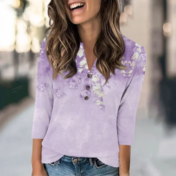 Women's Fashion Casual Loose 3/4 Sleeve Printed Round Neck Top - Image 19