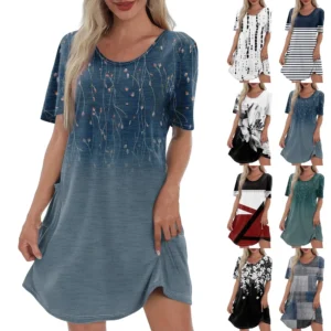 Women's Casual And Fashionable V-neck Short Sleeve Printing Mid Length Dress