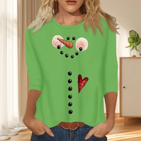 Ladies Casual Christmas Printed Top Round Neck 3/4 Sleeve Loose Women's T-Shirt - Image 16