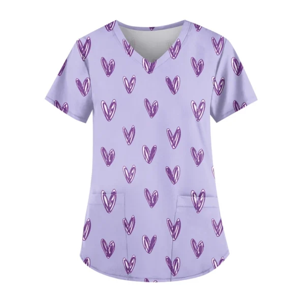 Women's Cute Printed Work Clothes V-neck Double Layer Pockets Basic Short - Image 22