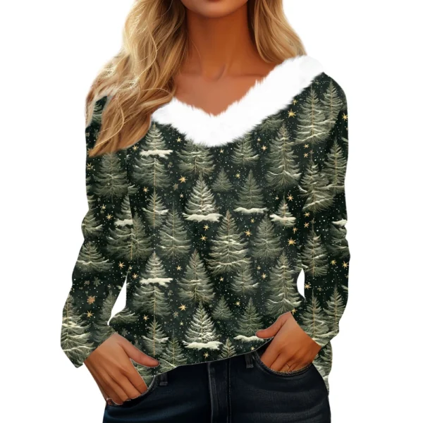 Women's Long Sleeve Christmas Printed Party Plush Neck Wide Casual V-Neck Top - Image 4