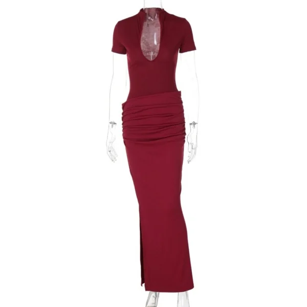 Women's Deep V-Neck Short-Sleeved Solid Color Pleated Long Dress - Image 9