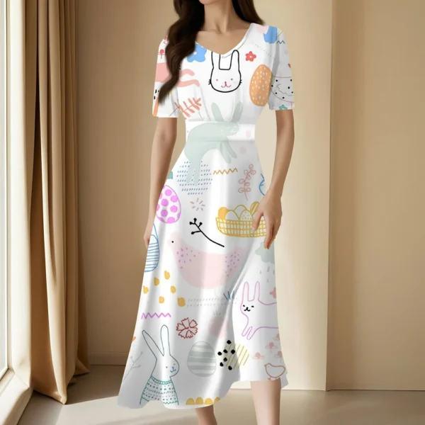Ladies Casual Fashion Gradient Print V-Neck Short Sleeve Waist Long Swing Dress - Image 25