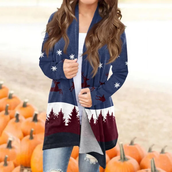 Women's Fashion Christmas Printed Jacket Cardigan Casual Medium Length Coat - Image 16