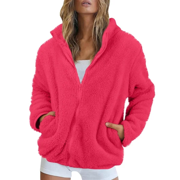 Women's Solid Color Loose High Neck Long Fleece Plush Warm Zipper Jacket - Image 23