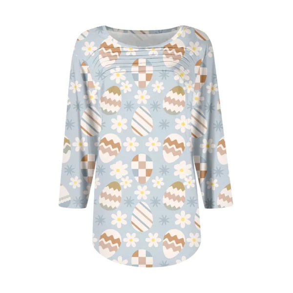 Women's Fashion Round Neck Pleated Front Placket Print 3/4 Sleeve Top - Image 10