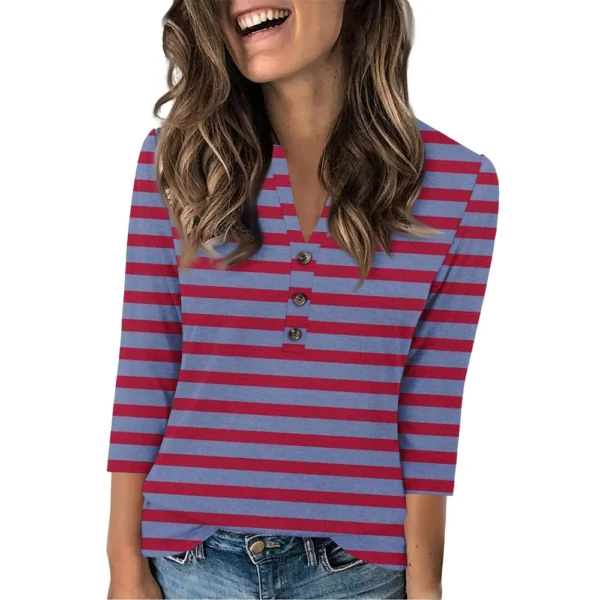 Women's Fashion Casual Loose 3/4 Sleeve Striped Printed Round Neck Top - Image 5