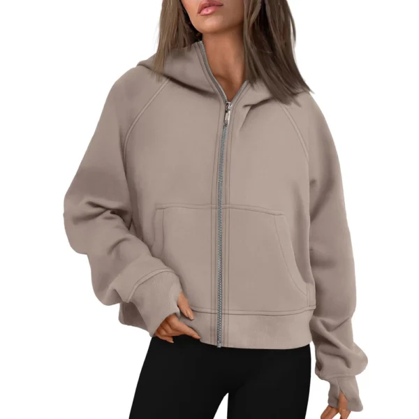 Women's Solid Color Zip-up Collar Hoodie With Sleeves And Fleece Hoodie Coat - Image 25