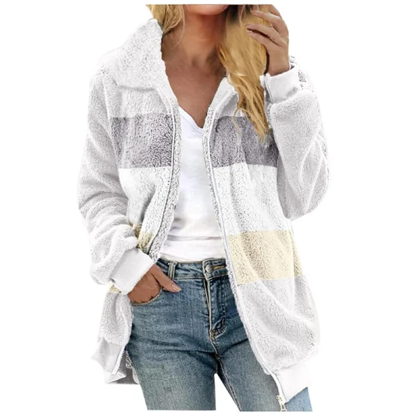 Women's Casual Color Blocking Loose Plush Zippered Flip Collar Jacket With - Image 6