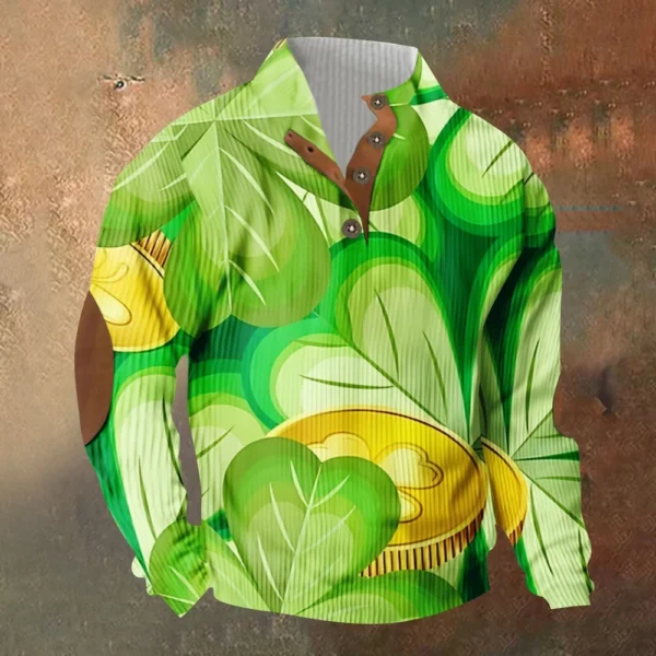 Knit Printed 3 Button - Corduroy Men's Standing Collar Pocket Sweatshirt - Image 16