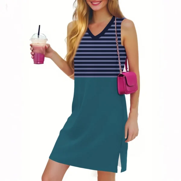 Women's Casual Fashion Sexy V-neck Sleeveless Striped Hem Slit Dress - Image 23