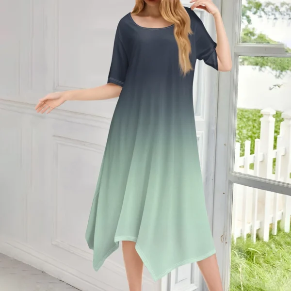 Women's Casual Fashion Round Neck Short Sleeve Print Irregular Hem Midi Dress - Image 28