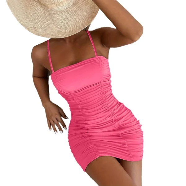 Women's Fashion Solid Color Suspender Hip Skirt Popular Pleated Waist Dress - Image 12