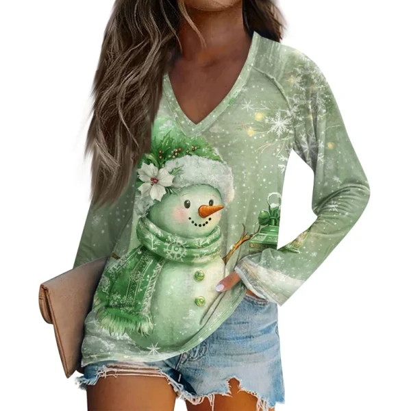 Women's Comfortable V-Neck Casual Long Sleeved Top Christmas Printed T-Shirt - Image 32
