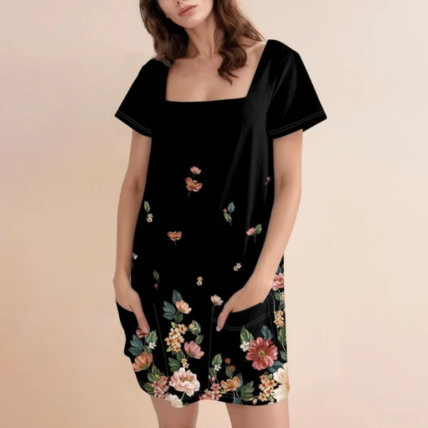 Women's Square Collar Short Sleeve Fashion Skirt Floral Print Pocket Casual - Image 12