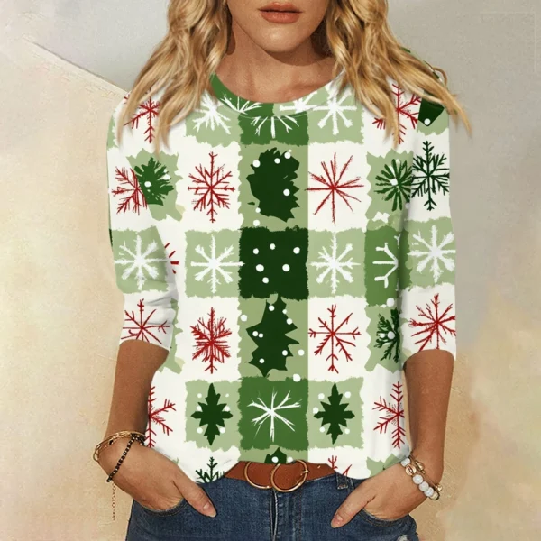 Ladies Loose Printed Casual T-Shirt Round Neck 3/4 Sleeve Christmas Women's Top - Image 28