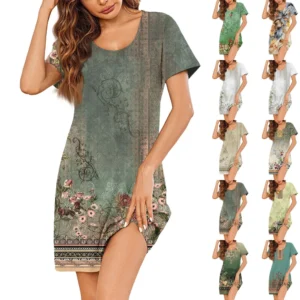 Womens Summer Dresses Short Sleeve Linen Casual T-Shirt Dresses Swing Beach