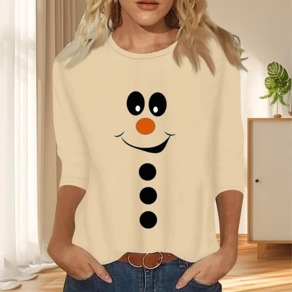 Women's Christmas Casual Round Neck T-Shirt Printed 3/4 Sleeve Loose Ladies Top - Image 19
