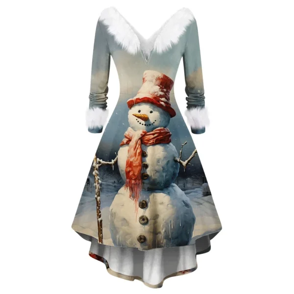 Women's Fashion V-neck Casual Fit Christmas Print Party Long Sleeve Dress - Image 26