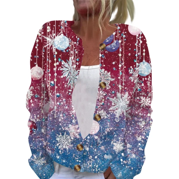 Women's Fashion Christmas Printed Long Sleeve Knitted Cardigan Button Down - Image 8