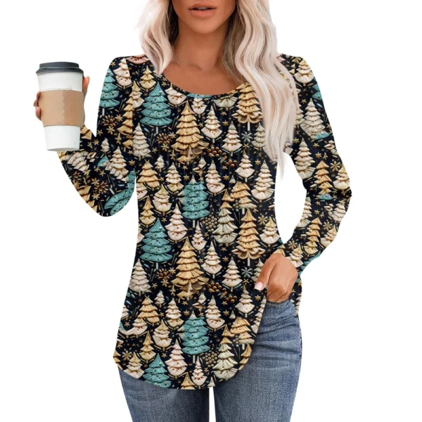 Women's Christmas Pleated Top Round Neck Casual Printed Long Sleeved T-Shirt - Image 35