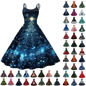 Women's Christmas Printed Punk Fashion Sexy Strapless Dress Gothic Cocktail