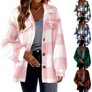 Pocket Plaid Jacket Button Plush Jacket