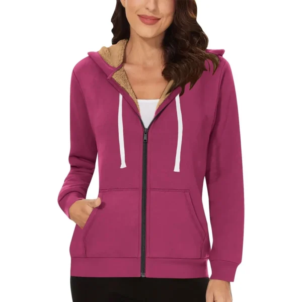 Lined Jacket Women Flannel Winter Warm Fleece Zip Up Hooded With Side Pockets - Image 22