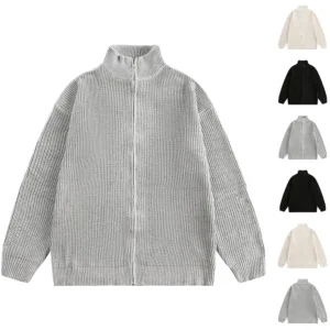 Men'S Loose Stand Up Collar Sweater Knitted Sweater Fashionable Casual Cardigan