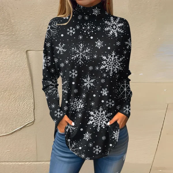 Women's Casual Printed High Neck Fashion Long Sleeve Pullover Christmas T-Shirt - Image 13