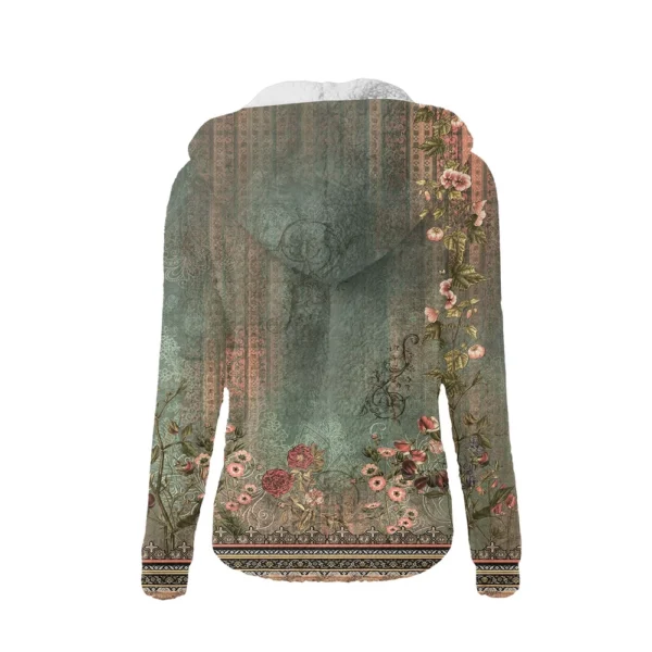 Women's Fashion Retro Floral Print Hooded Plush Casual Top Zipper Jacket - Image 10