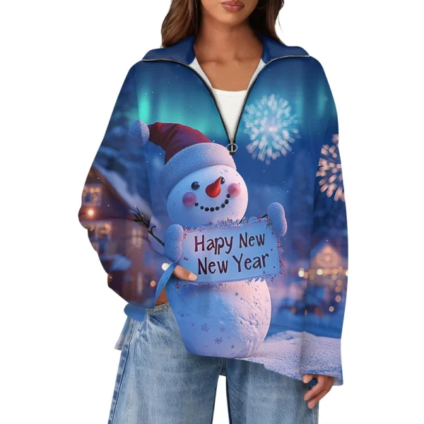 Women's Casual Half Zipper Lapel Christmas Printed Pullover Top Side Slit - Image 14