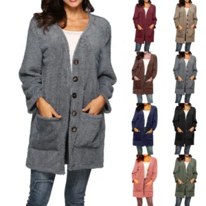 Women's Single-breasted Double-sided Fleece Warm Mid-length Cardigan Jacket