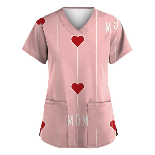 Women's Valentine's Day Printed  Uniform Work Uniform V-Neck Pocket Protective - Image 9