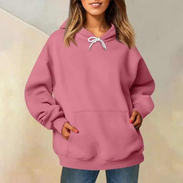 Ladies' Fashionable Casual Long Sleeved Round Neck Hooded Solid Color Hoodie - Image 58