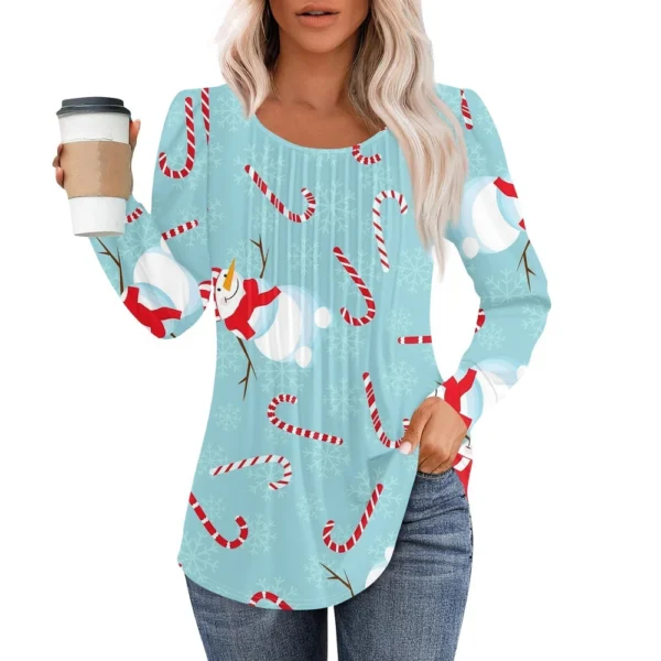 Women's Christmas Printed Top Round Neck Casual Pleated Long Sleeved T-Shirt - Image 7