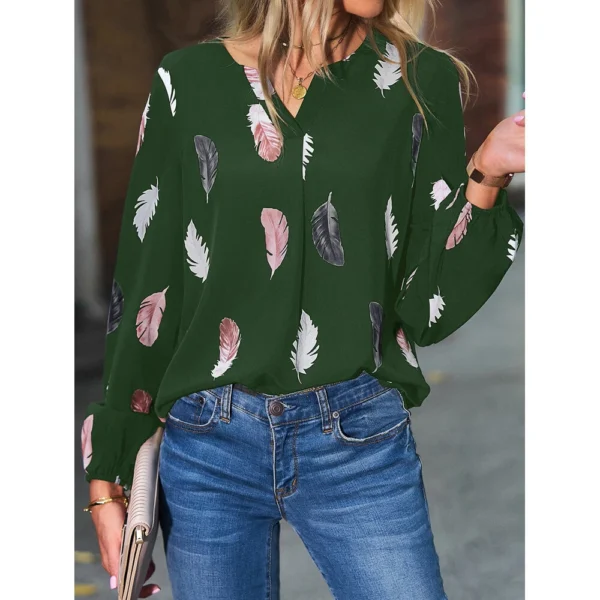V-neck printed long-sleeved loose T-shirt women's top - Image 17